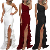 Elegant One Shoulder Ruched Prom Dresses Women Ruffle Waisted Formal Evening Dress Slim White Dress Female Formal Dress платье